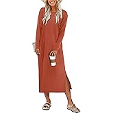 ANRABESS Long Sleeve Midi Dresses for Women Fall Fashion Casual Vacation Crewneck Loose Split Striped Long Tshirts Dress