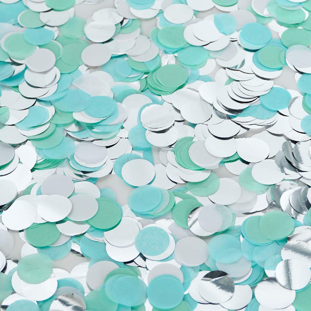 2.5cm Paper and Foil Confetti Mint Magic Mix Round Tissue Confetti 6000pcs for Parties Weddings Birthday Party Balloon Table Decoration (Mint, Turquoise, White, Silver)