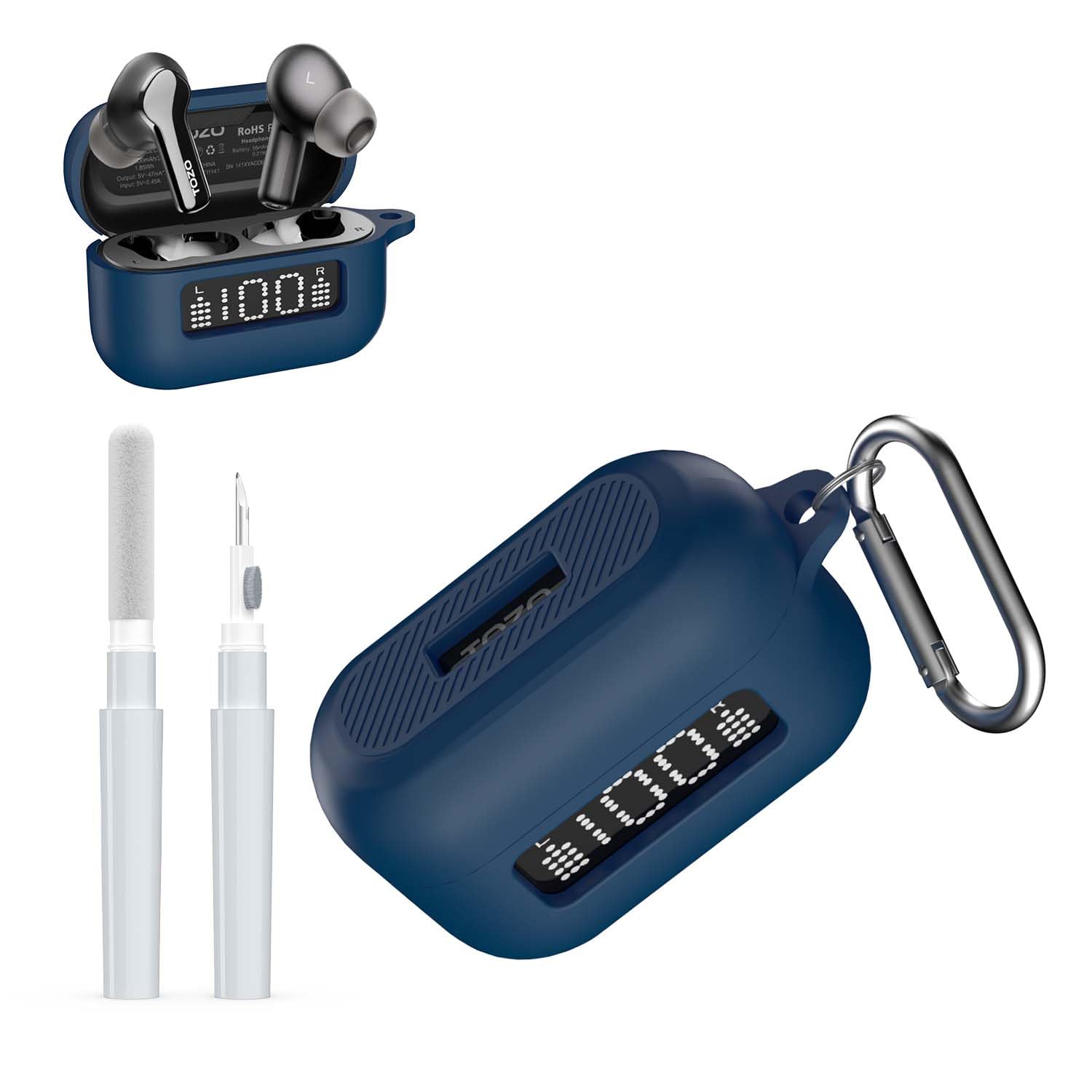 Photo 1 of AGENTNANO for TOZ0 NC3 Earbuds(2024) Case Cover with Cleaner kit, Silicone Protective Battery Display Visible Design Cover for TOZO Hybrid Active Noise Cancelling Wireless Earbuds with Carabiner-Blue