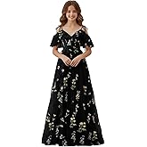 Maxianever Flower Embroidery Junior Bridesmaid Dresses with Slit Long Tulle Spaghetti Straps Fairy Formal Prom Gown