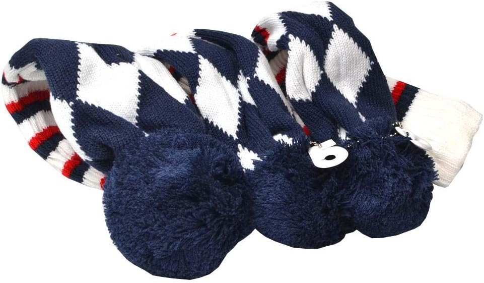 GOOACTION3PCS Knitted Golf Head Covers 1-3-5 for Driver and Fairway Woods with Long Neck Design Vintage Argyle Navy Blue and White Sock Pom Pom Golf Club Head Covers Set