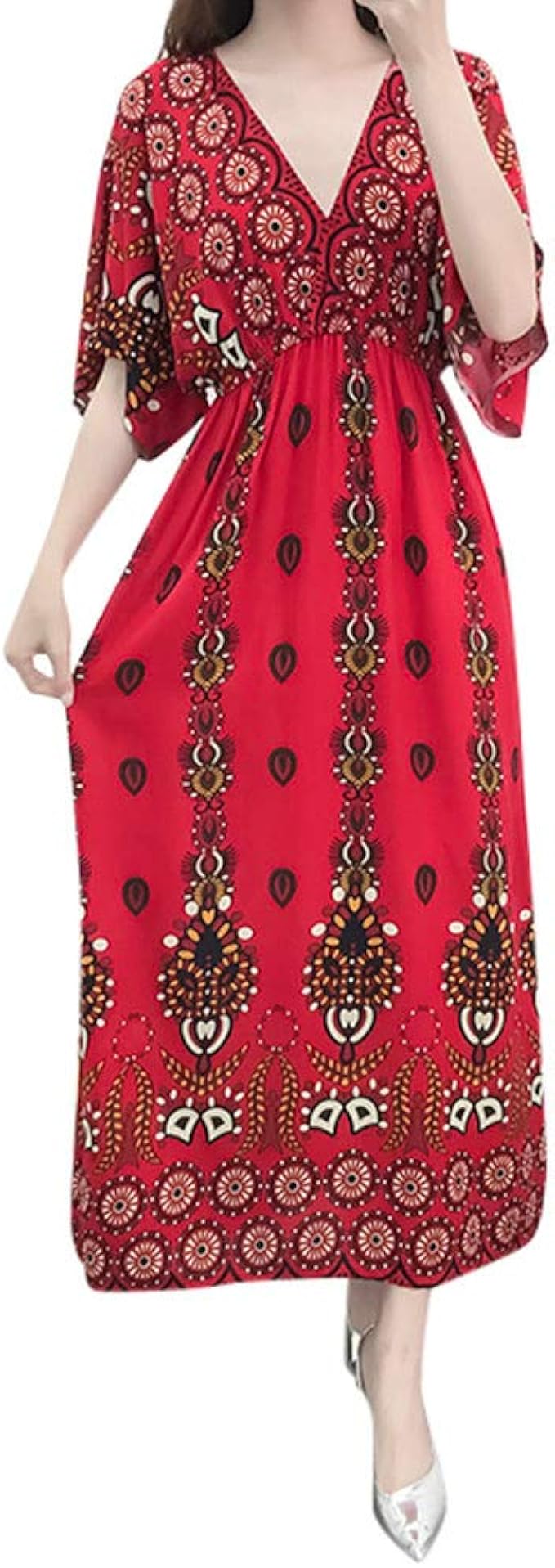 Amazon Co Jp Top Homie レディース ボヘミアン ワンピース レトロ Vネック 半袖 マキシ丈 スリム ドレス 春夏 おしゃれ エスニック ロング チュニック 服 ファッション小物