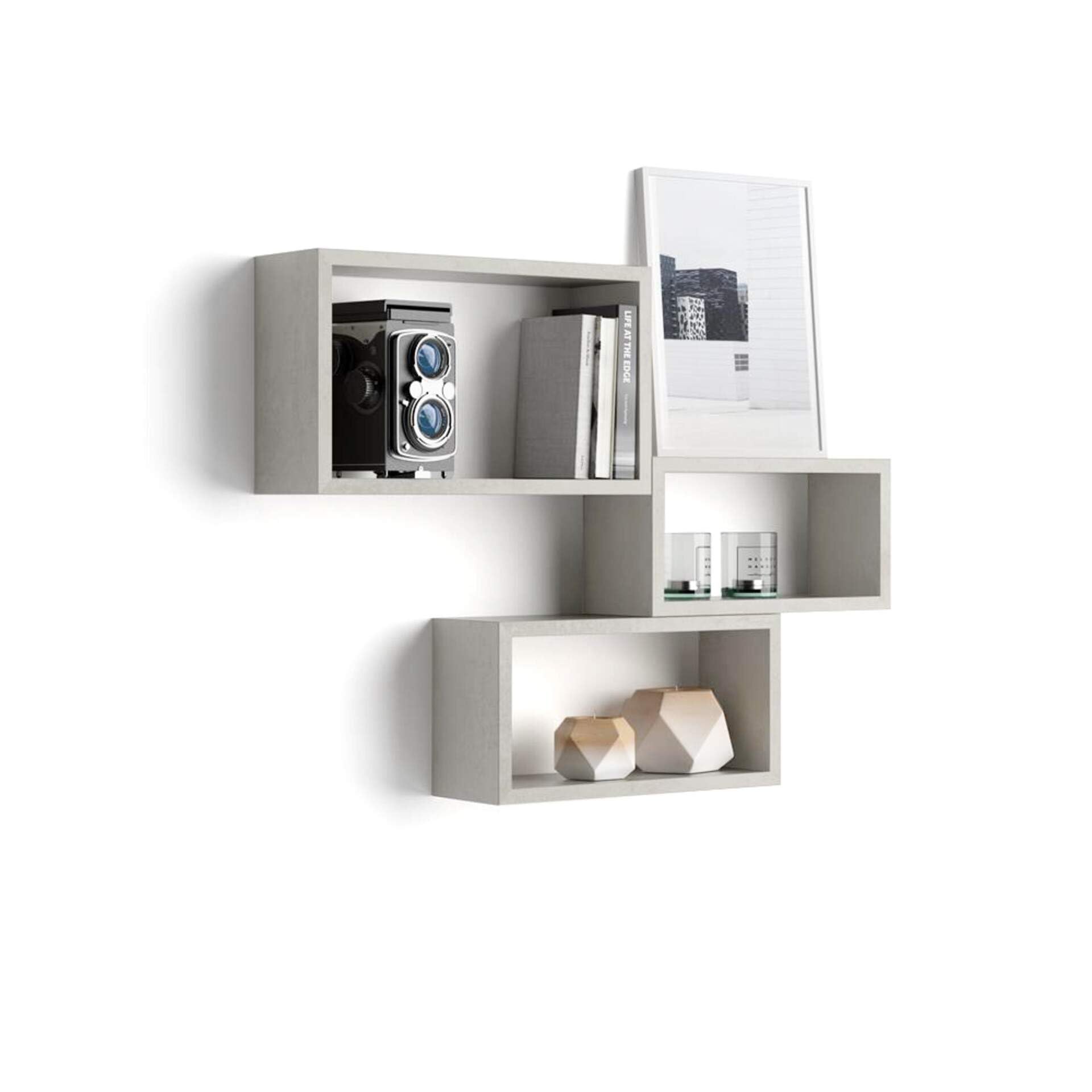 Mobili Fiver, Set of 3 Rectangular Cube Shelves, Giuditta, Concrete Effect, Grey, Made In Italy