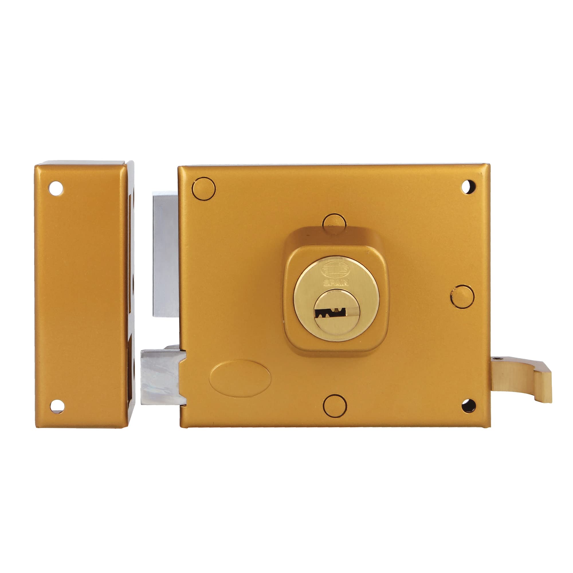 Amig - Lever Lock Left with Lever Lock Tongue and Handle for Wooden Doors, Model 72 | 100 x 85 mm | Bolt with Round Cylinder | Steel Enamelled Gold