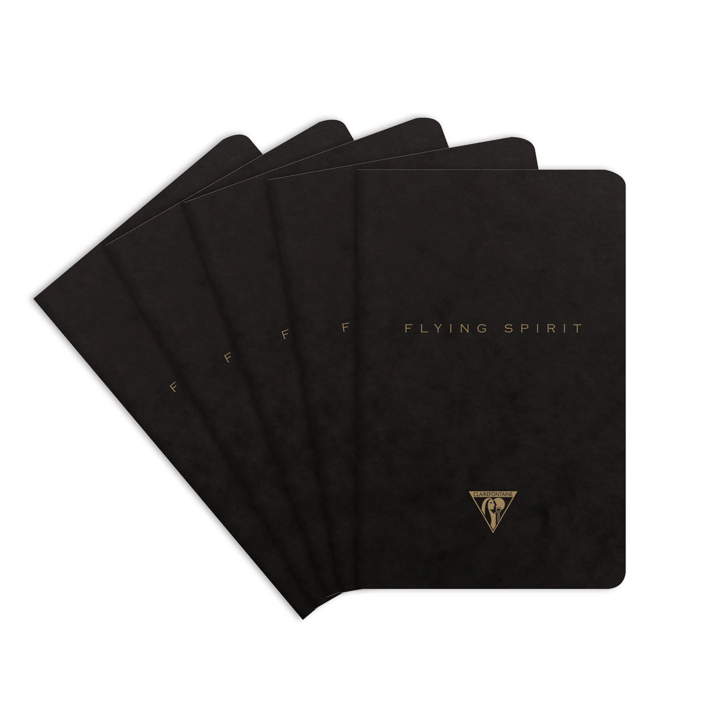 Clairefontaine 102506C - A pack of 5 Flying Spirit thread-stitched notebooks 96 ivory pages 11x17 cm 90g lined, black glossy card cover, pattern ass
