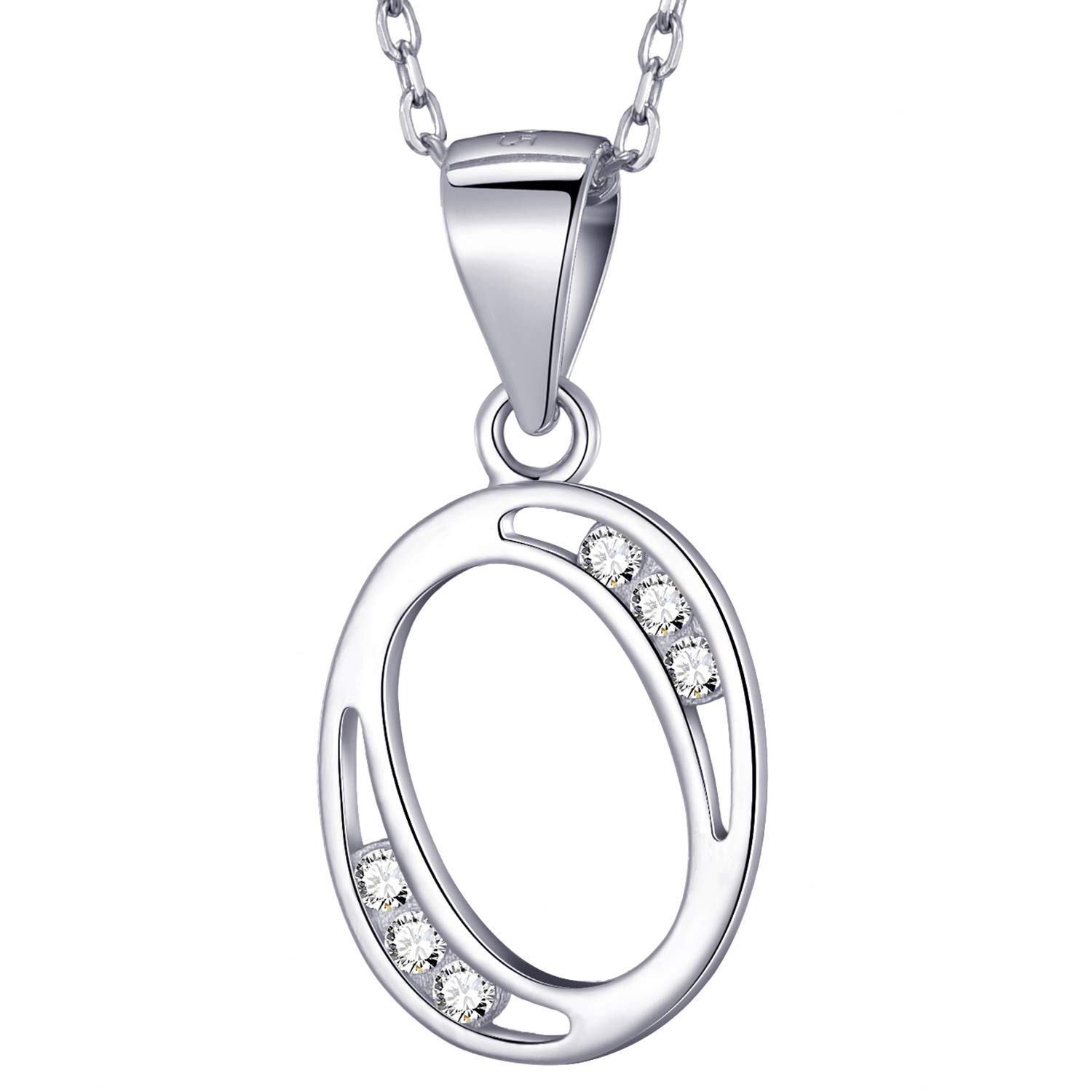 MASADA 925 Sterling Silver Letter Necklace - Initial Pendant with Zircon Stones - Letter O - Personalised Alphabet, Teens & Girls - 46 cm - 18 inch Chain in Velvet Bag