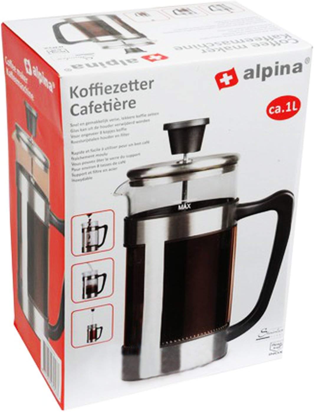 Cafetière - 1l - 8 Coffee - Stainless Steel/Glass/Plastic, Silver (Ss), 16.5 x 10 x 21.5 cm