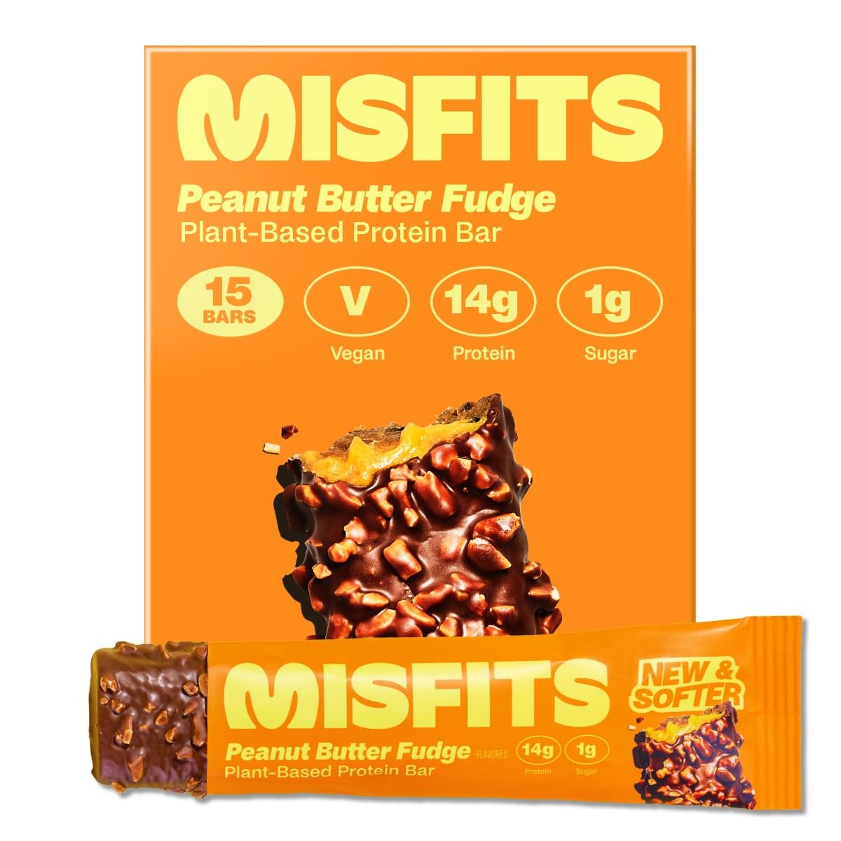 Misfits Vegan Protein Bar, Peanut Butter Fudge, Plant Based Low Sugar, High Protein Snacks with 15g Protein Per Bar, Low Carb, 1g Sugar, High Fibre, Healthy Snack, 15 x 50g bars (vegan)