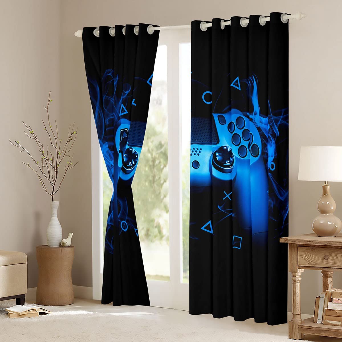 Loussiesd Blue Gaming Thermal Curtain for Boys Bedroom Gamer Window Treatments Video Game Geometric Window Drapes Light Reducing Soft Curtains with Grommet Console Game Controller W46*L54 — image 1