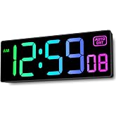 Soobest Large LED Digital Wall Clock 8 RGB Color Changing Display | Corded Plug Electric Digital Clock with Seconds for Living Room Bedroom Desk Table Office Gym, 5 Dimmers, Auto DST, 10 Inches