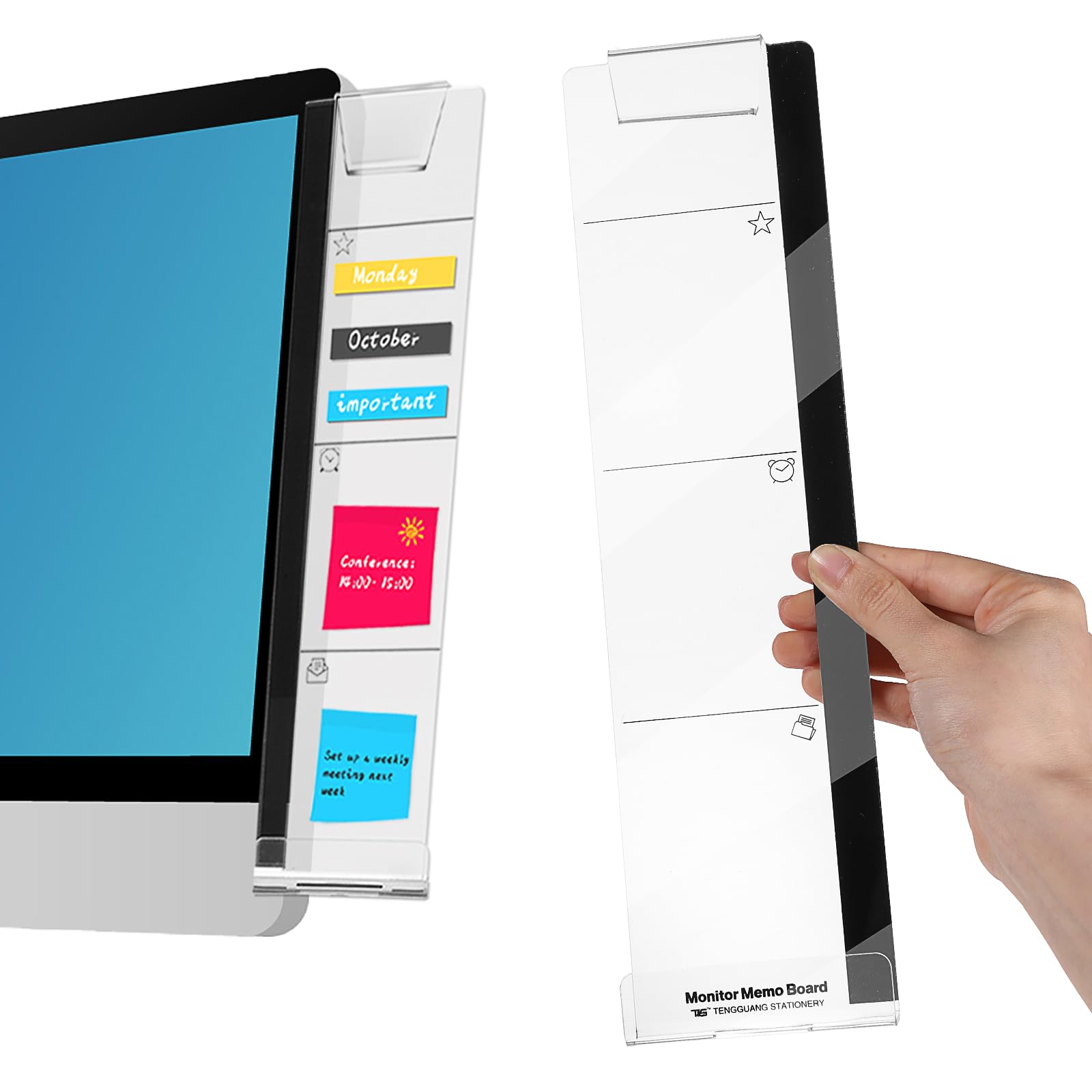 Qianyu Acrylic Computer Monitor Memo Board for No Edge Monitors Office Decor Supplies for Women Men Computer Side Panel Sticky Note Holder Home Office Desk Accessories Desktop Message Board