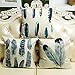 Anickal Set of 4 Feather Print Decorative Throw Pillow Covers, 18 x 18 inch Cotton Linen Cushion Covers