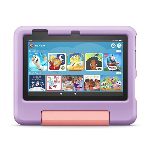 Amazon Fire 7 Kids tablet (newest model), ages 3-7. Top-selling 7" kids tablet on Amazon - 2022, ad-free content with parental controls included, 10-hr battery, 16 GB, Purple