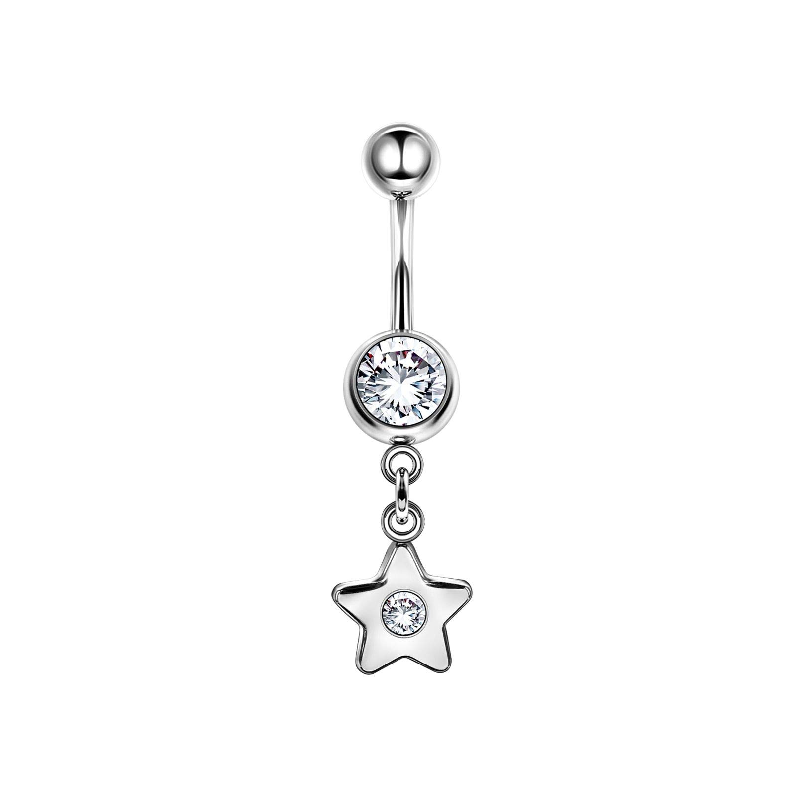 BanaVega Stainless Steel Body Danging Belly Ring Star 16g 3/8 10mm 8mm Clear Crystal Ball Earrings Piercing Jewellery 5173