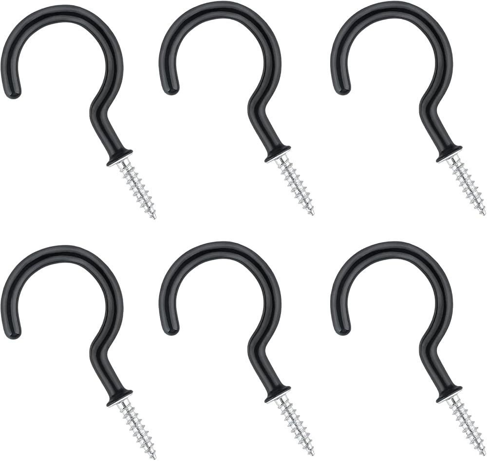 Rowwait 6Pcs Screw Hooks Ceiling Hooks Black Vinyl Coated Utility Hooks