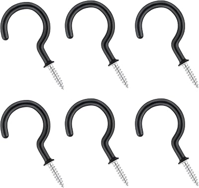 Rowwait 6Pcs Screw Hooks Ceiling Hooks Black Vinyl Coated Utility Hooks