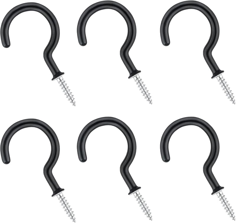 Rowwait 6Pcs Screw Hooks Ceiling Hooks Black Vinyl Coated Utility Hooks