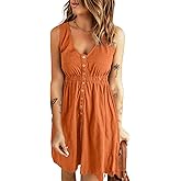 BLENCOT Women's Casual Sleeveless T-Shirt Dresses Summer V Neck Button Down Swing Short Dress Orange L