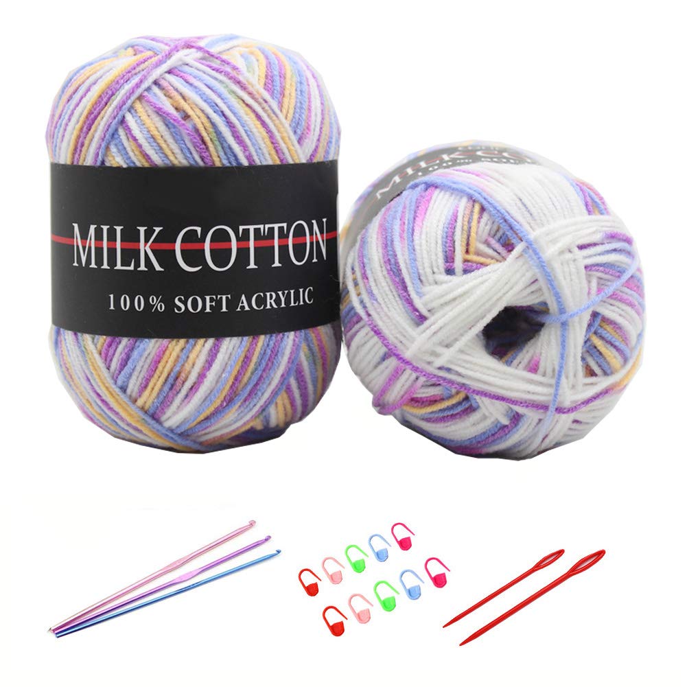 6X 50g Knitting Rainbow Wool Yarn Balls Colorful Hand Crochet Knitting Double Acrylic Yarn Set, 23 Colors, with 3 Crochet Hooks, 2 Needles, 10 Crochet Locking Stitch Markers (22)