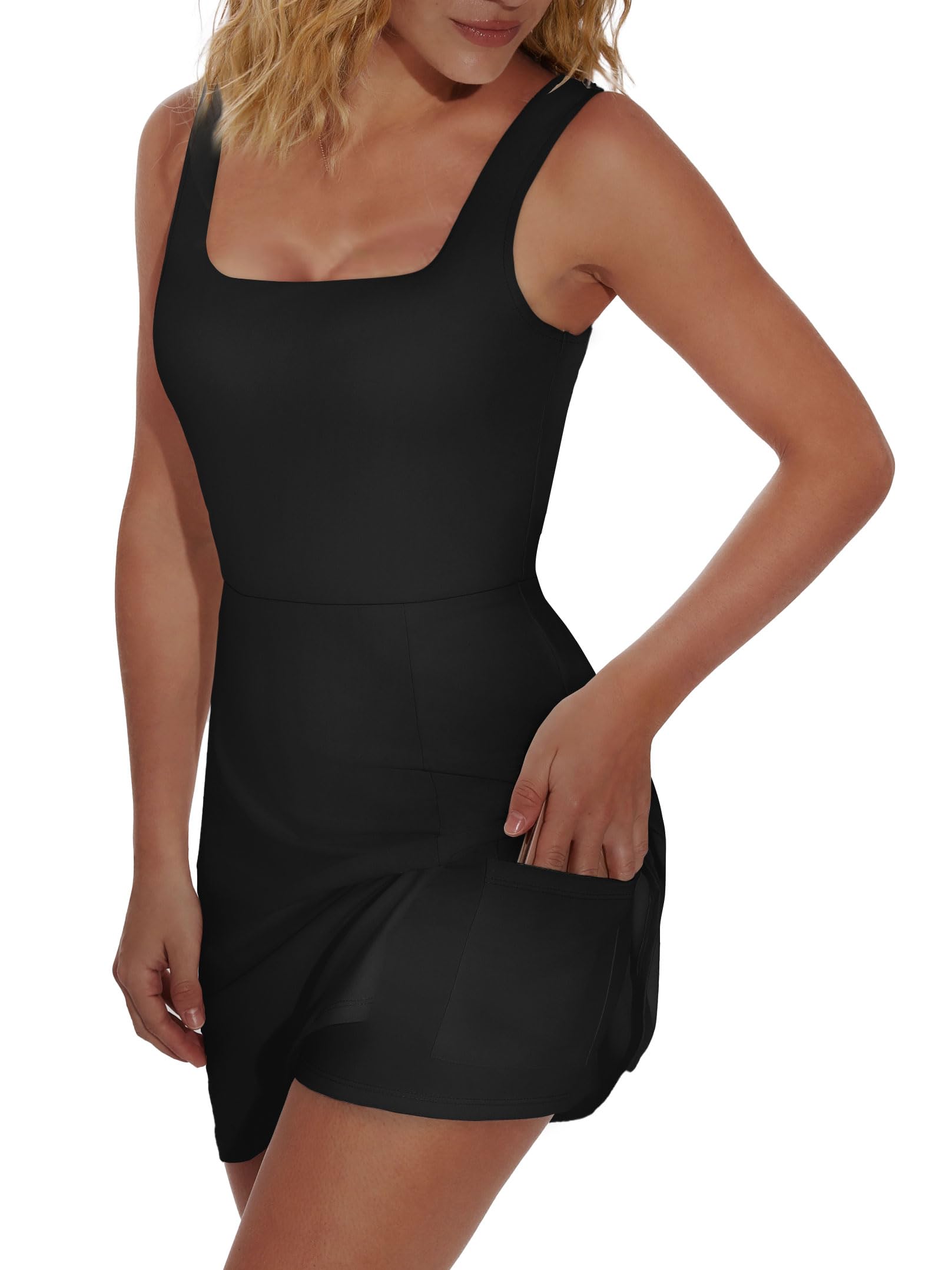 OFEEFAN Athletic Dress for Women Mini U Neck Sleeveless Built in Shorts with Pockets Tennis Golf Graduation