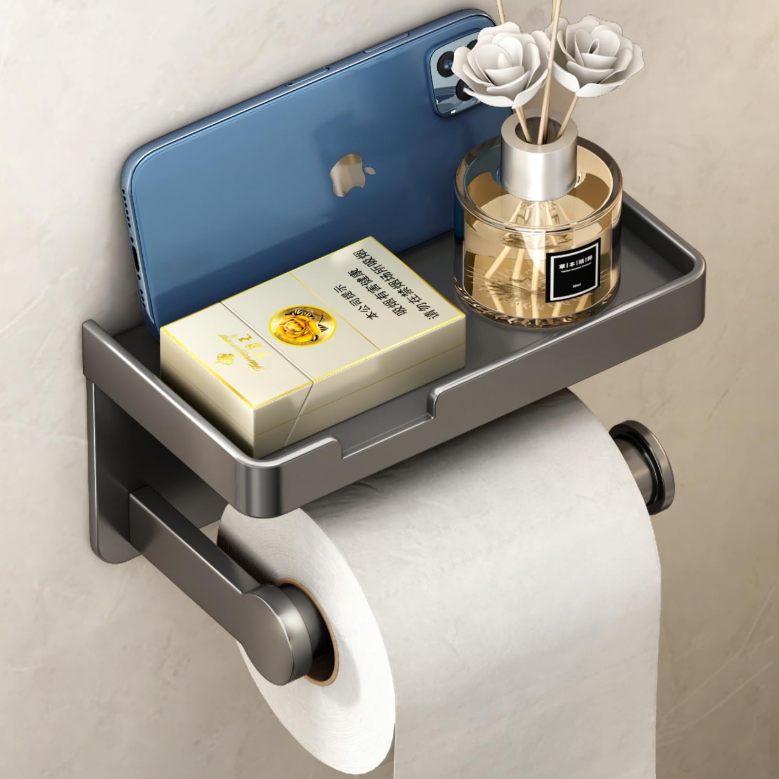 Photo 1 of VOLDRA Toilet Paper Holder with Phone Shelf, Self-Adhesive or Screw Toilet Tissue Roll Holder Wall Mount, Rustproof & Multifunctional Bathroom Toilet Paper Holder Storage Dispenser(Gray)