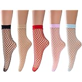 DEEP TOUCH Women's anklet Fishnet Socks Lace Stort Sockings Hollow Out Anklet Dress Low Mesh Net Socks 5 Pairs