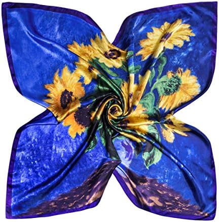 Flowomen Small Silk Neckerchief Summer Satin Soft Charmeuse Scarf Handbag Decoration Hair Protection Kerchief Floral Pattern Wrap Fashion Graphic Print Scarves for Ladies (Dark Blue)