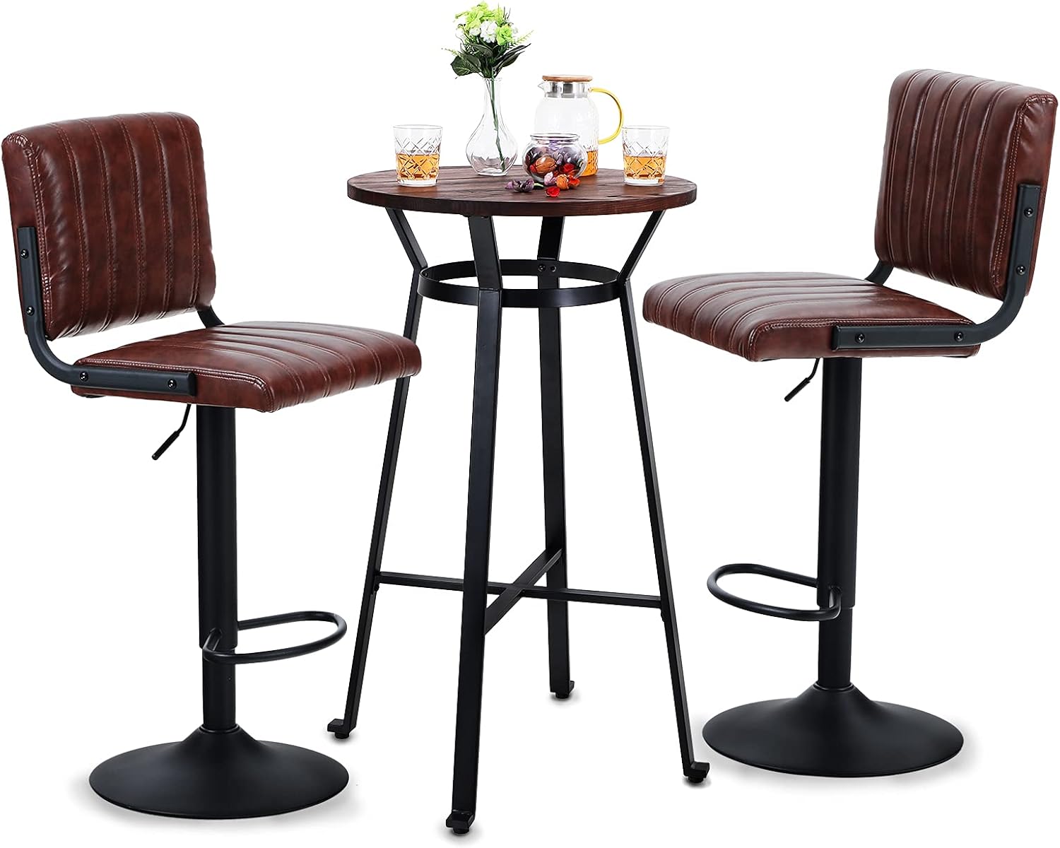 MAISON ARTS Bar Table Set of 3, Bar Height Round Bar Table with 2pcs Swivel Bar Stools 41" Pub Counter Table with Height Adjustable Barstools with Back, 1 Table & 2 Bar Stools Set, Rustic Brown: Kitchen & Dining