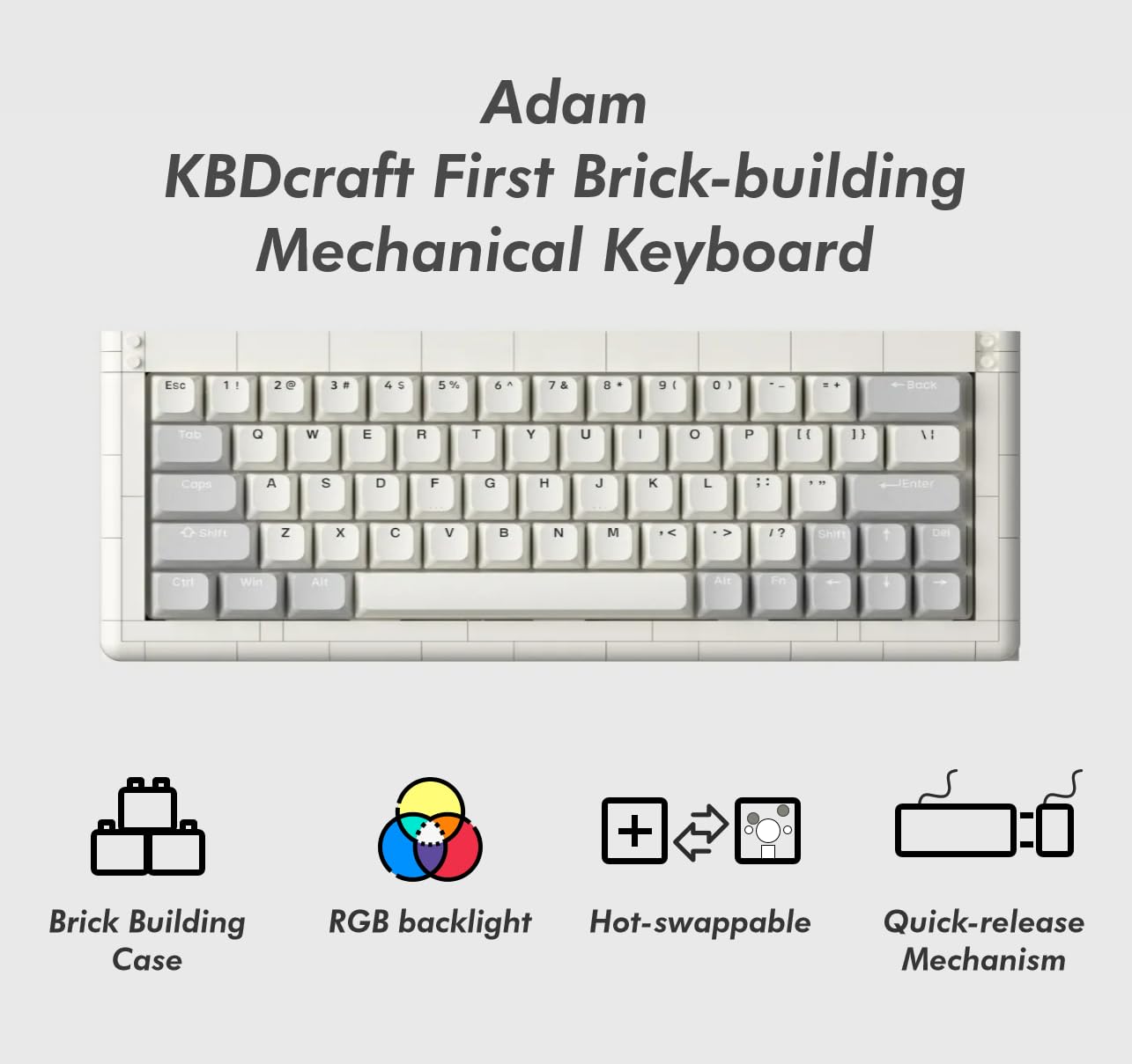 KBDcraft 01Adam 60% Mechanical Keyboard, 64-Key ANSI, Lego-Compatible Case, Gasket Mount, Hot-swappable, Wired, Linear Switch, RGB, QMK, Vial for Win/Mac, Full Kit (White)
