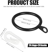Hoiny Curtain Rings 24pcs Black Metal Rings with 24pcs White Hooks 30 mm view 2
