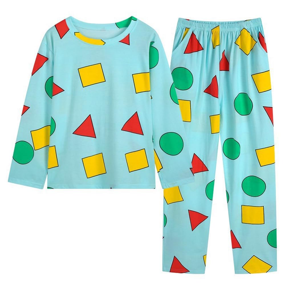 [fyetemon] クレヨンしんちゃんパジャマ 半袖 短ズボン 上下セット 2点セット レディース/メンズ 丸首 吸汗通気 肌に優しい ルームウェア 部屋着 入院 可愛い 春夏 (XL, ブルー（長）) の商品画像