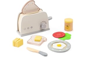 Frogprin Pop up Toaster Play Kitchen Playset, Wooden Toy Food 13 Pcs Play Kitchen Accessories, Pretend Play Food Sets for Kids Kitchen, Interactive Early Learning Toaster for Girls & Boys