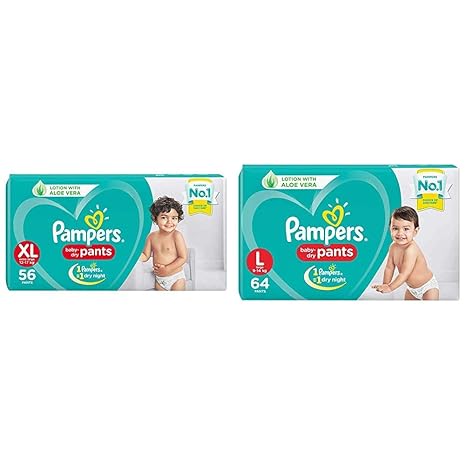 Pampers New Diapers Pants, XL (56 Count) & Pampers New Diapers Pants, Large (64 Count)