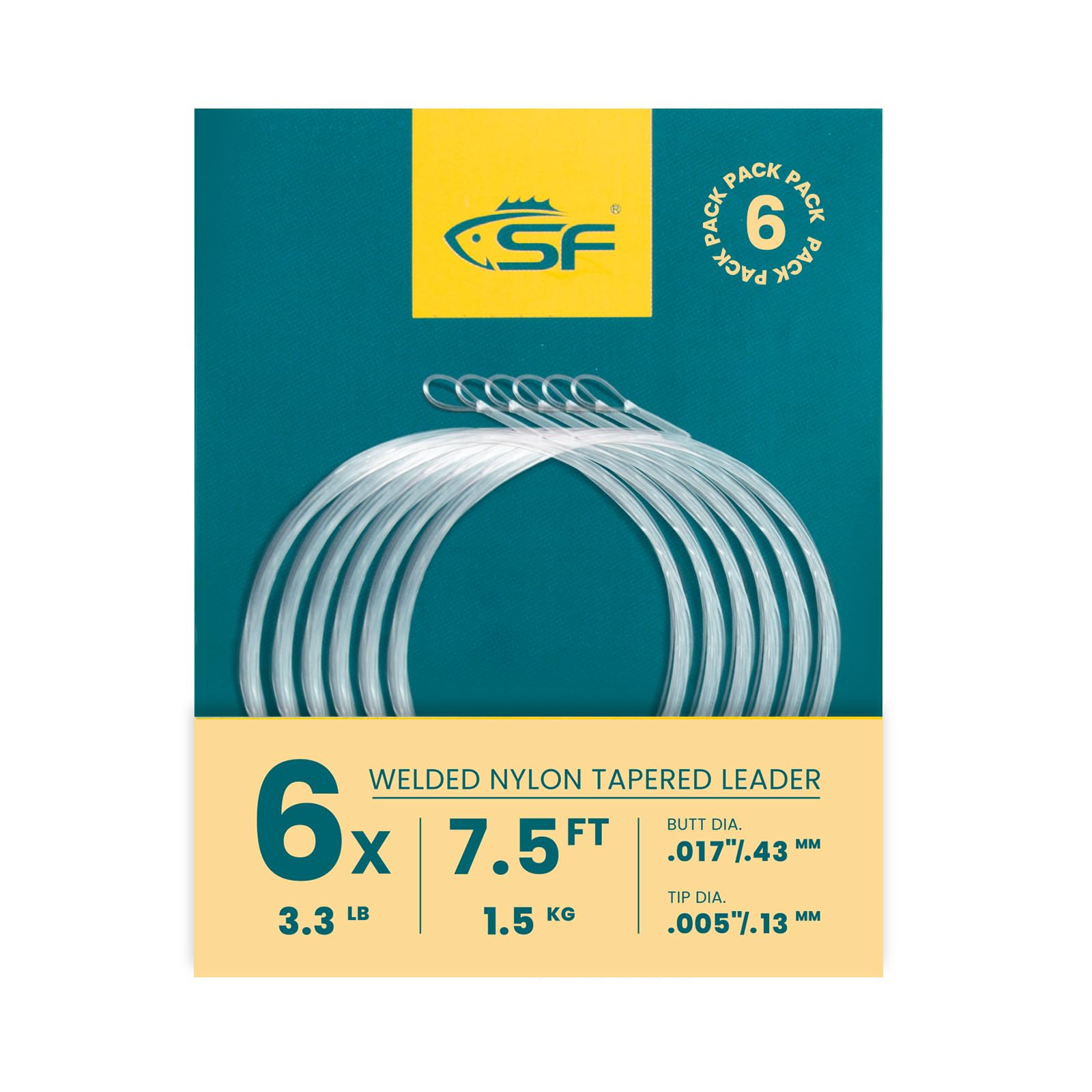 SF Welded Tapered Leader Fly Fishing with Loop Nylon 7.5ft Fishing Leader (6X 6 Pack)