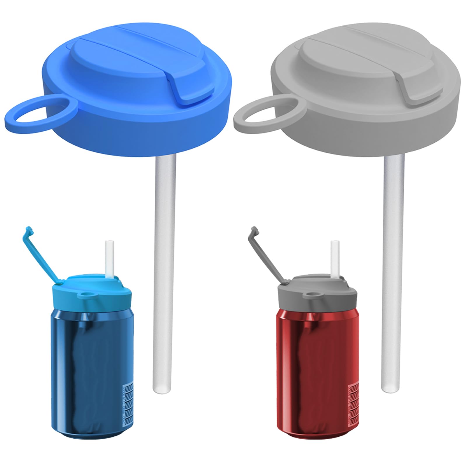 Photo 1 of 2 Pack Silicone Soda Can Lids with Straw, Pop Can Covers with Handle, Reusable Can Covers for Soda, Coke, Beer, Juice, Beverage, Fits Standard Cans, Travel Assistant (Gray & Bule)