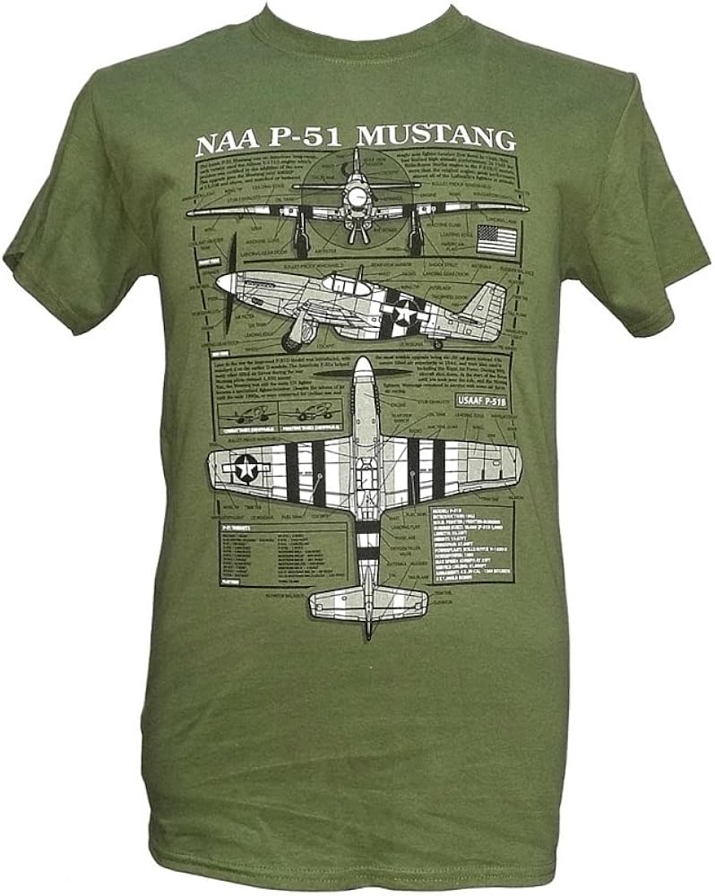 P51 Mustang US Aircraft/Military T Shirt with Blueprint Design