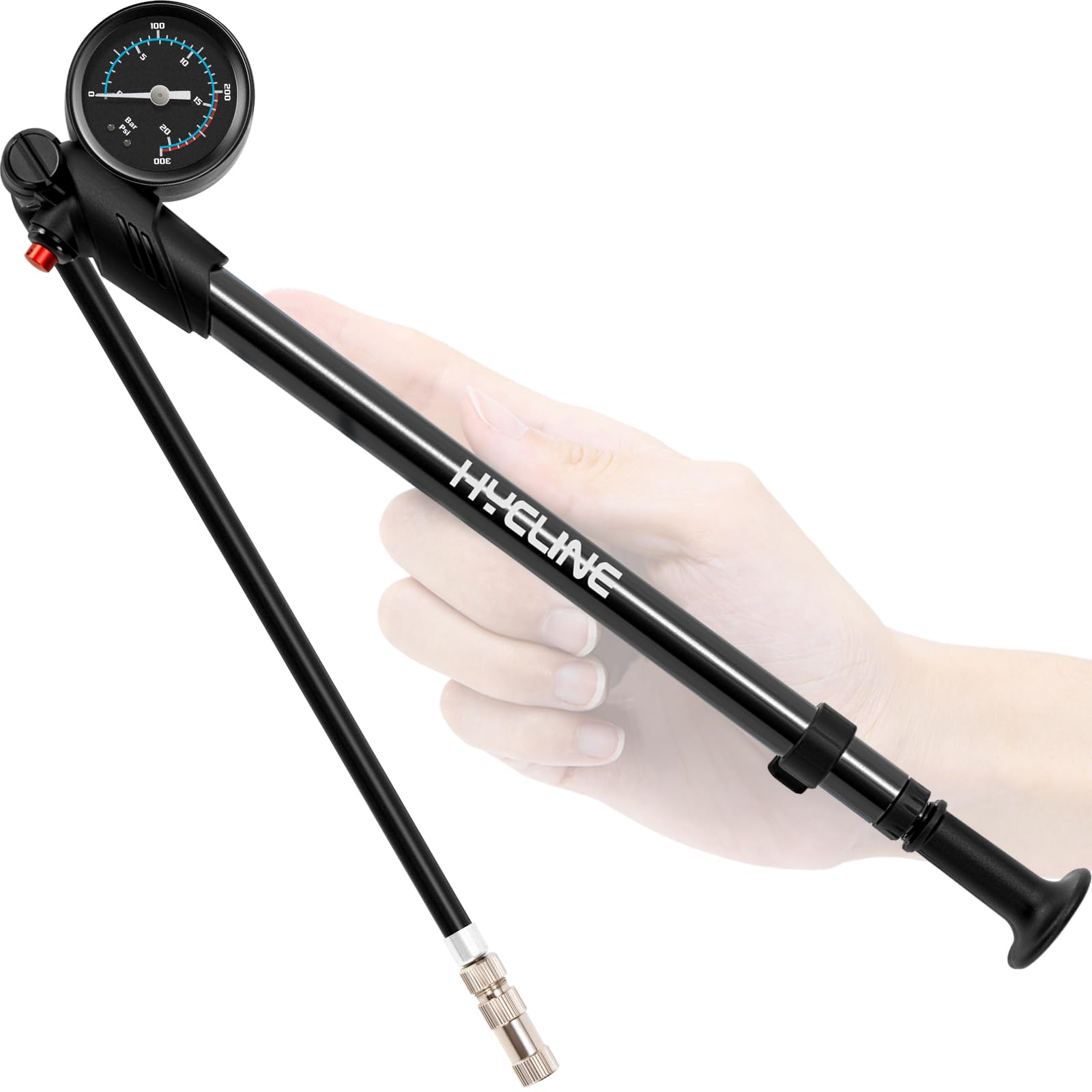 Photo 1 of Hycline High Pressure Shock Pump with Gauge: 300 PSI Bicycle Pump for Front Fork & Rear Suspension - Mini Pump with Air Bleed for Road Mountain Bike Fits Schrader & Presta Valve - Black