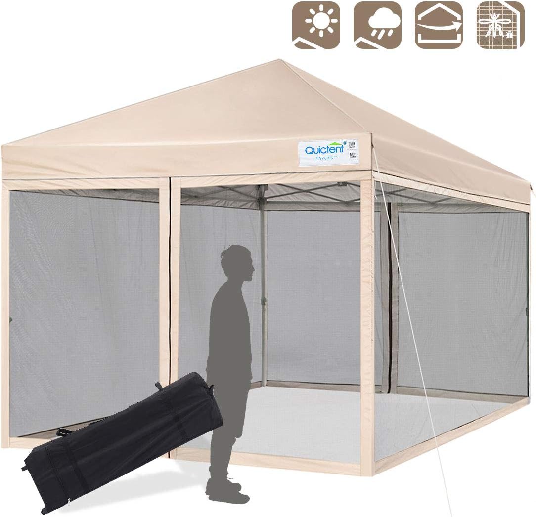 Quictent 6.6x6.6 Ez Pop up Canopy with Netting Small Screen House Tent Side Wall Roller Bag Included (Tan)