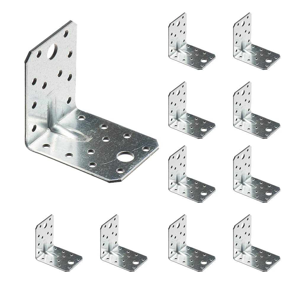 VHG Heavy Duty Corner Brackets - Pack of 10 Galvanised Steel L Shape Braces (70 x 70 x 55 x 2) With Beading, 90 Degree Reinforced Fixing Connectors