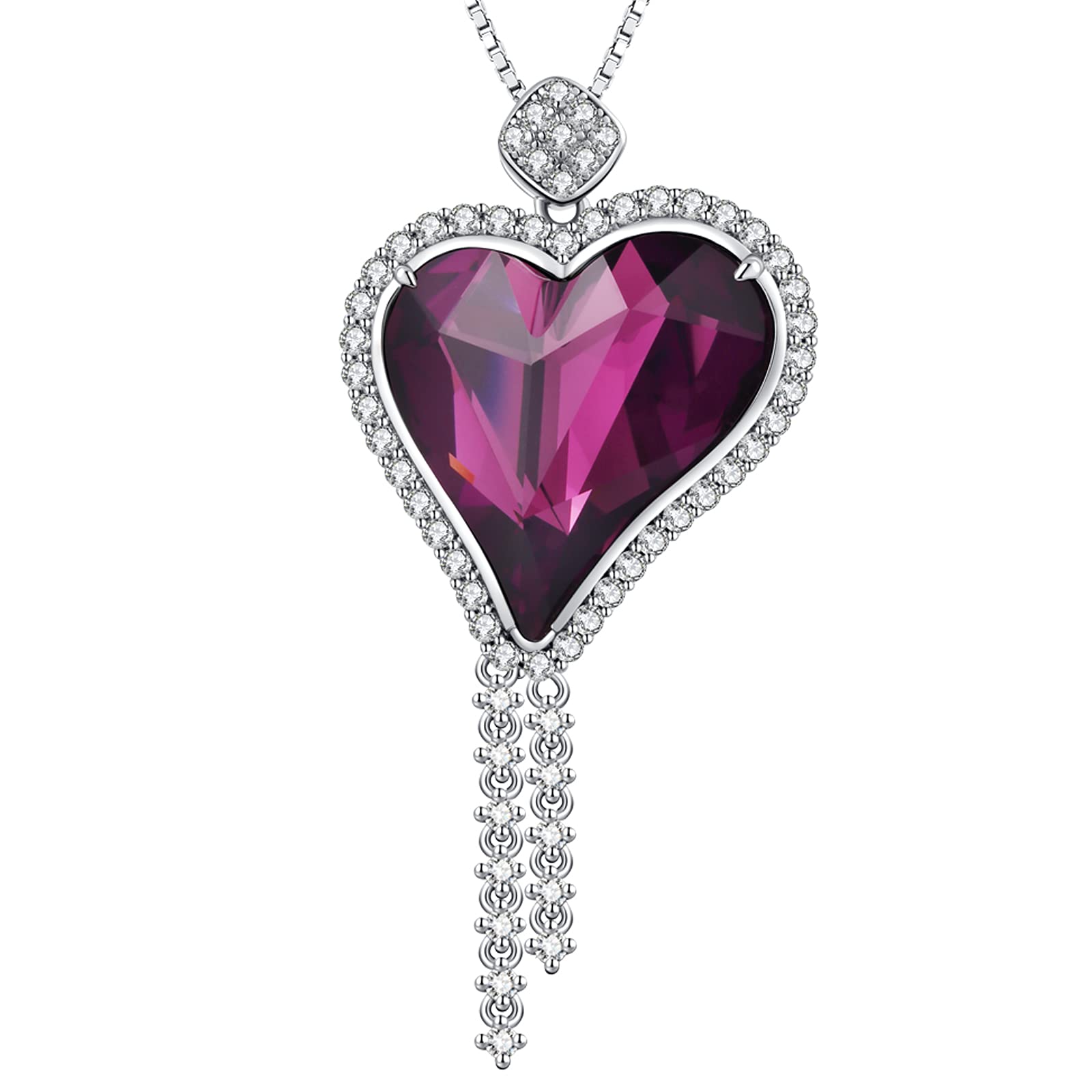 Love Heart Necklaces, Love Heart Pendant Necklace for Women Silver Crystal Necklace Women Silver Tone Crystal Birthstone Necklace CZ Diamond Necklace Purple Crystal Pendant Necklace for Girlfriend