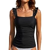 Tankini Tops for Women Swimwear - Tummy Control Bathing Suit Swim Top Only | Ruched design provides flattering tummy control. Adjustable straps provides good support. Removable pads for a perfect fit