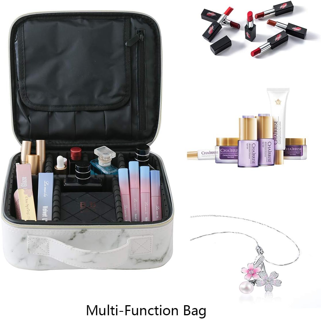Gloriest Makeup Organizer Bag Travel Case Portable Cosmetic Storage Bag with Adjustable Dividers for Women Makeup Brush Tools Gadgets Gift, Marble White