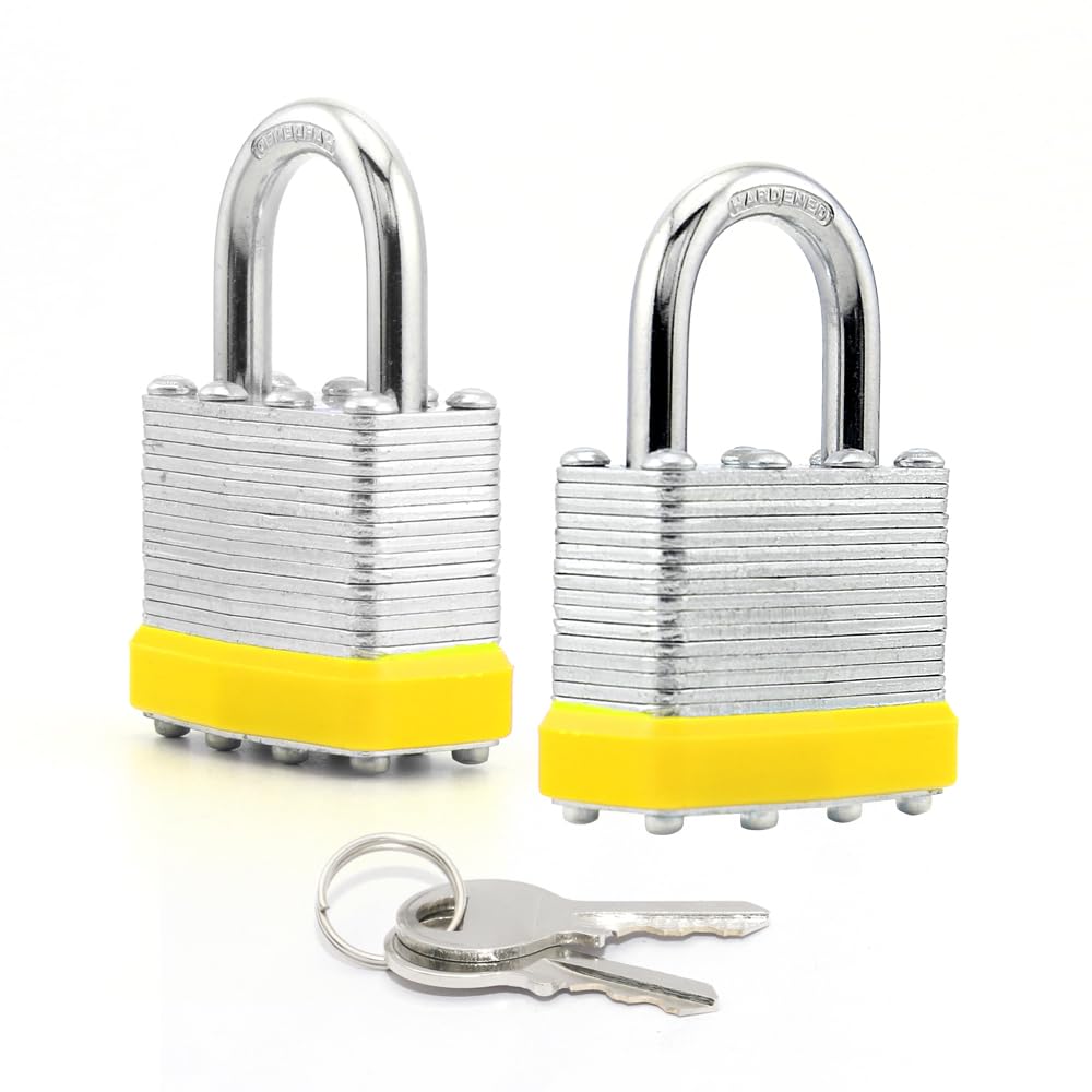 Photo 1 of LanuBe Lock Laminated keyed Padlock (1-9/16", 40mm), keyed Alike Locks, Normal Shackle,Marked Yellow Plastic Hoop, Pack of 2