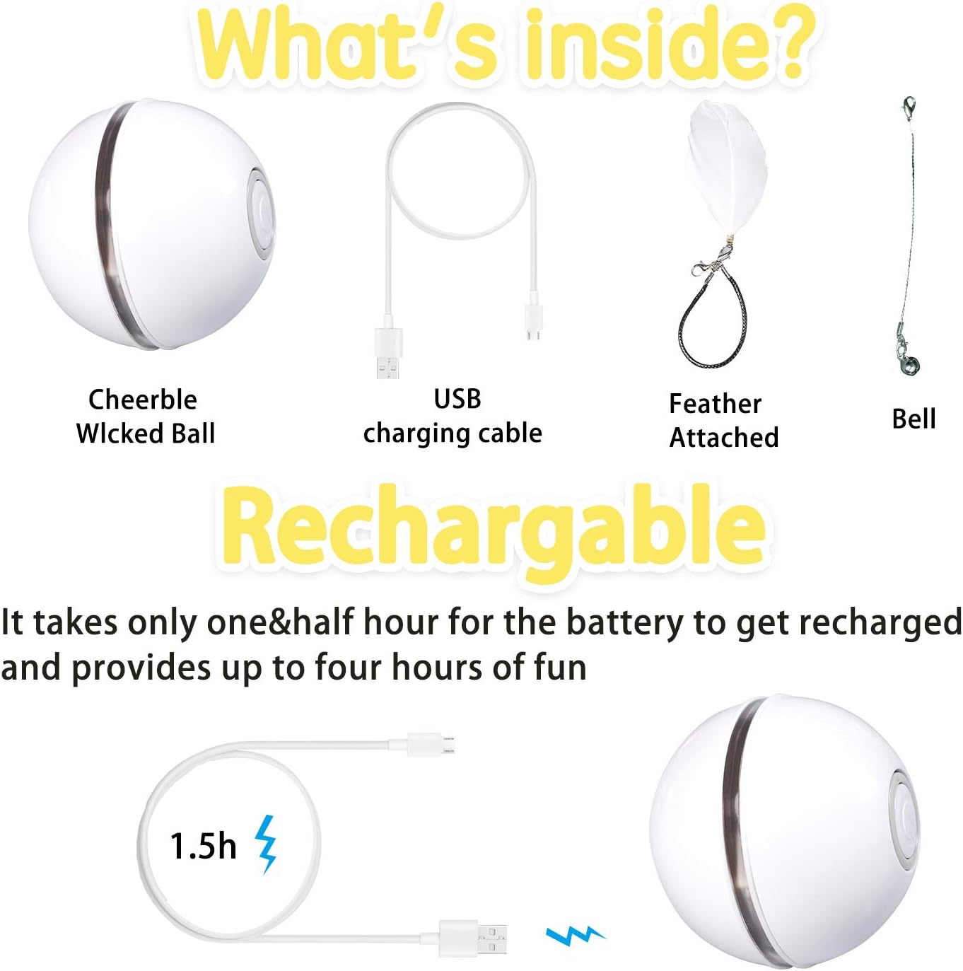 YOFUN Interactive Cat Toys, Automatic Cat Toy Ball, USB Charging Pet Toy, Built-in Spinning LED Light, Newest Version with 2 Lightening Modes & Attached Feather with Bell, Insert Catnip : Pet Supplies