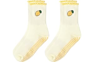 FIYIGO Pilates Grip Socks for Women Strawberry Lemon Bow Yoga Non Slip Crew Socks for Fitness, Ballet, Dance Workout
