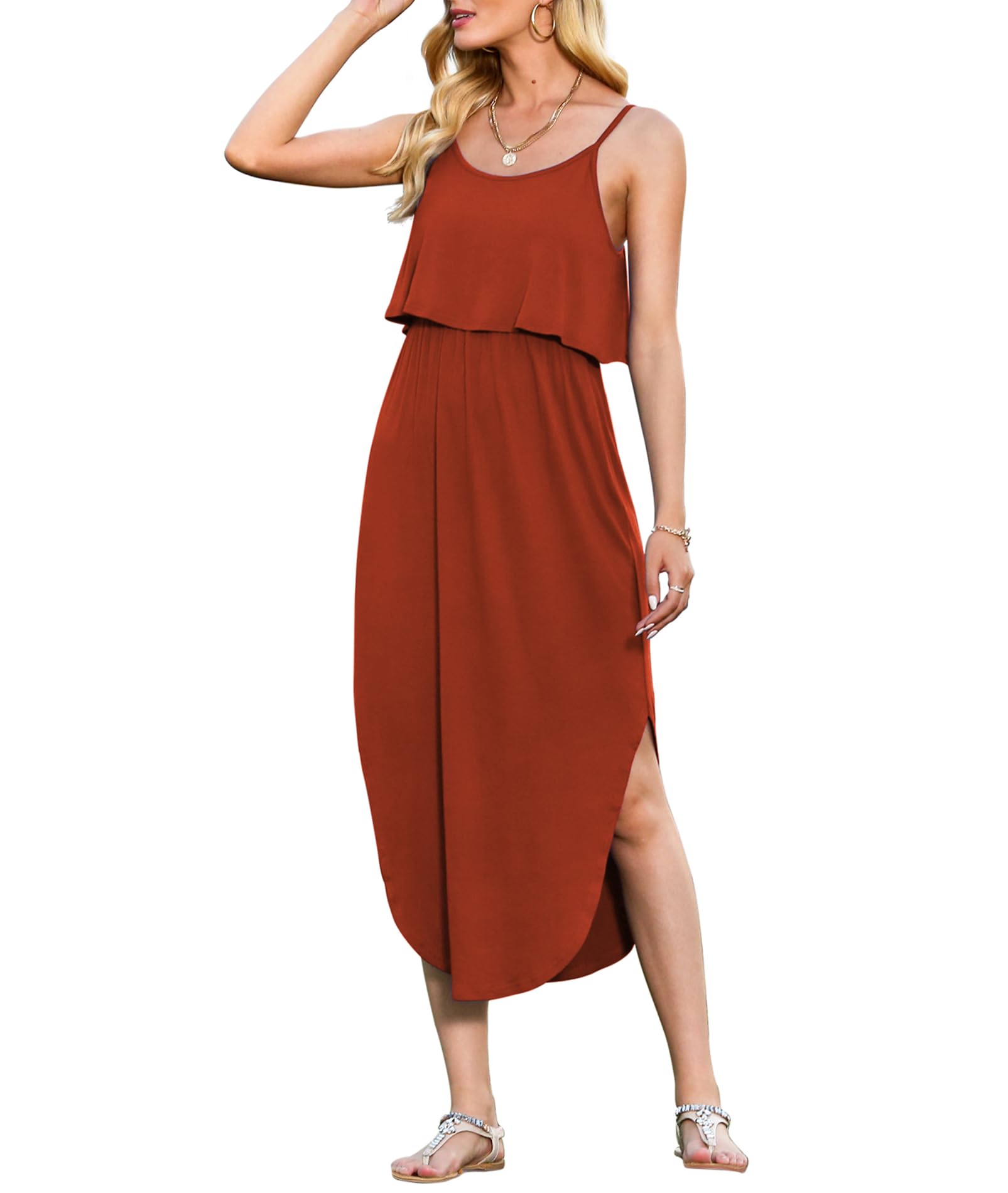 Photo 1 of LILBETTER Women's Adjustable Strappy Split Summer Beach Casual Midi Dress(Caramel Large)