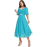Women's Chiffon Mother of Bride Dress with 1/2 Sleeves V Neck Tea Length Formal Evening Gowns
