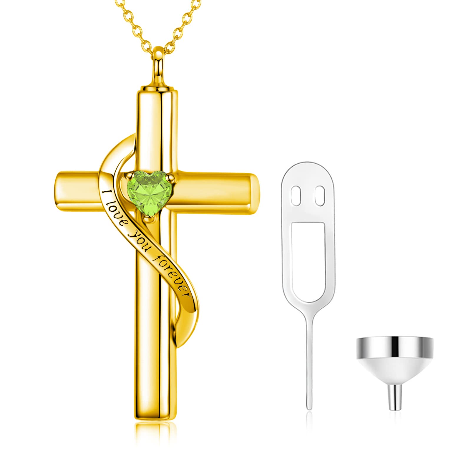 SOULMEET Crystal Cross Necklace for Ashes, Gold Plated Silver I Love You Forever Birthstone August Cross Urn Necklaces for Ashes Keepsake Cremation Jewelry for Pet Human Ashes