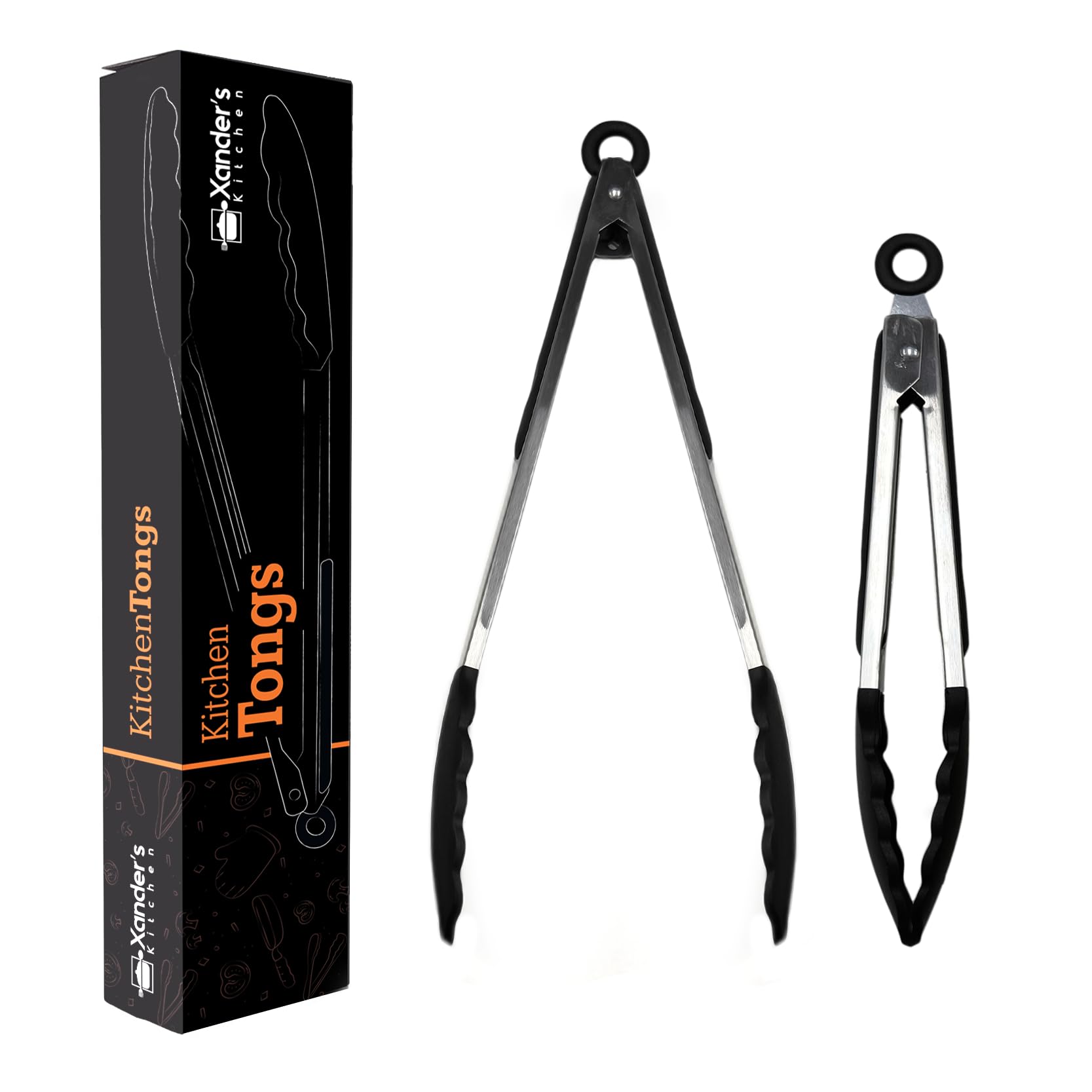 Xander's Kitchen Tongs for Cooking 9" & 12" Set of 2 Silicone Grip Non Stick Pasta Salad Frying BBQ Serving Meat (Black)