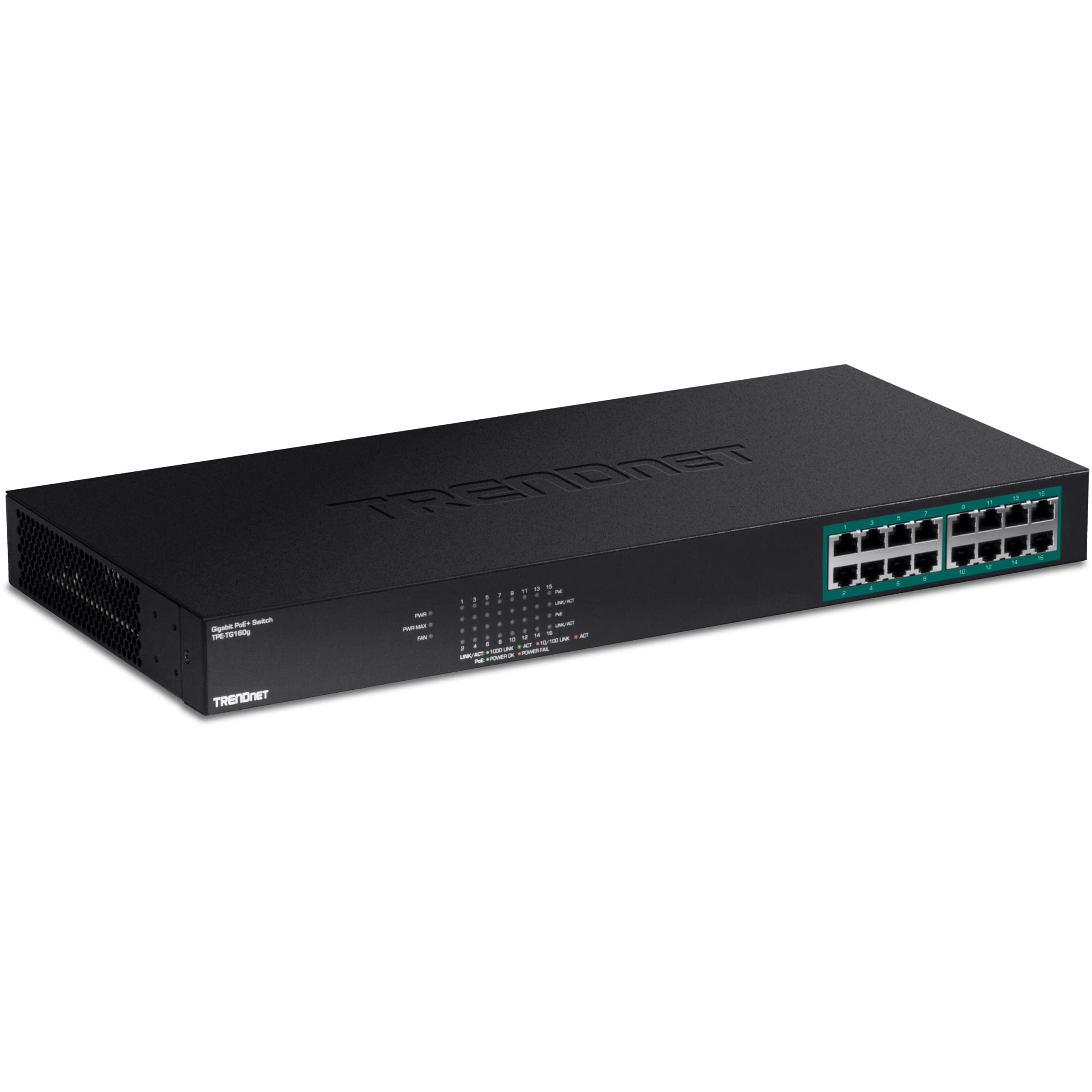 TRENDnet 16-Port Gigabit PoE+ Switch, 16 x Gigabit PoE+ Ports, 246W PoE Power Budget, 32 Gbps Switching Capacity, Desktop Switch, Ethernet Network Switch, Metal, Lifetime Protection, Black, TPE-TG160g